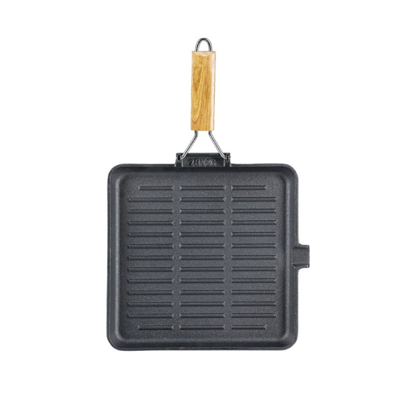 Öntöttvas grill serpenyő lehajtható fa nyéllel, 24x24 cm - Termék összehasonlítása