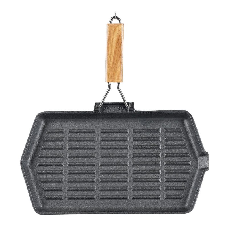Öntöttvas grill serpenyő lehajtható fa nyéllel, 35x21 cm - Termék összehasonlítása